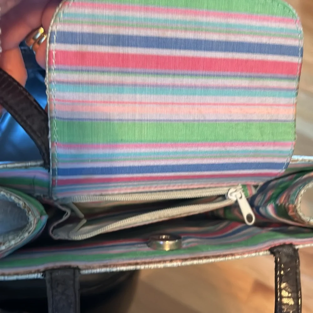 Vintage Kate Spade Teal Woven bag,  black leather handles magnet closure zipper